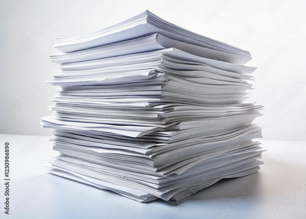 Stacked Paper Documents, White Background, Aerial View, Office Supplies, Business Concept Stacked Paper Documents, White Background, Aerial View, Office Supplies, Business Concept