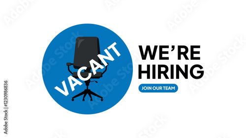 We are hiring. Open vacancy. Business recruitment. Join our team. We need you. Searching for  a candidate for the job. Empty office chair. Flat design vector illustration