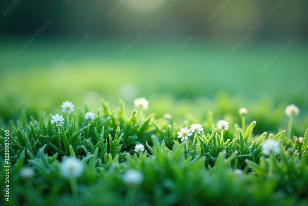 Frosty green grass with delicate white flowers, cold, season, grass Frosty green grass with delicate white flowers, cold, season, grass