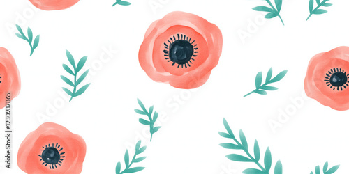 Elegant poppy floral pattern with delicate line art on neutral background.