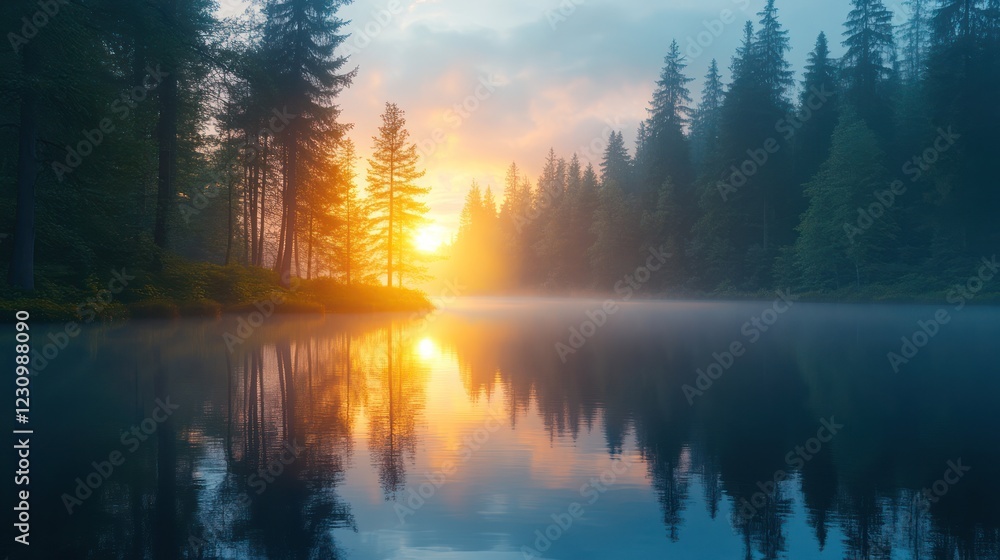 Fototapeta premium Sunrise over misty forest lake reflection