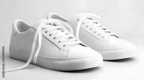 A pair of white sneakers with laces untied photo