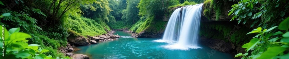Lush greenery frames picturesque blue pool amidst waterfall, frames, waterfall, picturisque Lush greenery frames picturesque blue pool amidst waterfall, frames, waterfall, picturisque