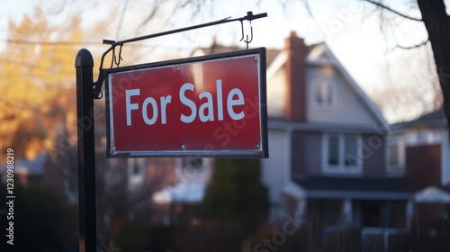 Eye-catching Property Signboard in Suburban Neighborhood Announcing Home for Sale, Bright Daylight Enhancing the View, Standard Format for Real Estate Listings photo