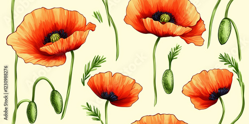 Seamless floral pattern with hand-drawn poppies on light background.