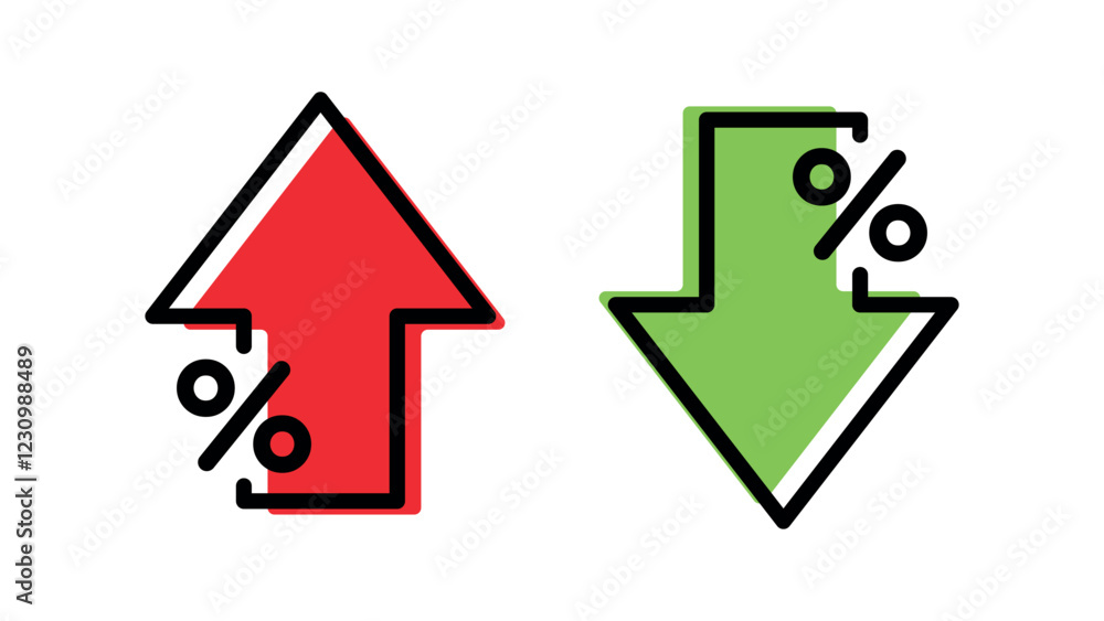 Percent with red up and green down arrows. Arrow with percentage icon. Increasing and decreasing percentage Profit and loss percent. Growing and decline arrow. Can used for business, stock, etc Percent with red up and green down arrows. Arrow with percentage icon. Increasing and decreasing percentage Profit and loss percent. Growing and decline arrow. Can used for business, stock, etc