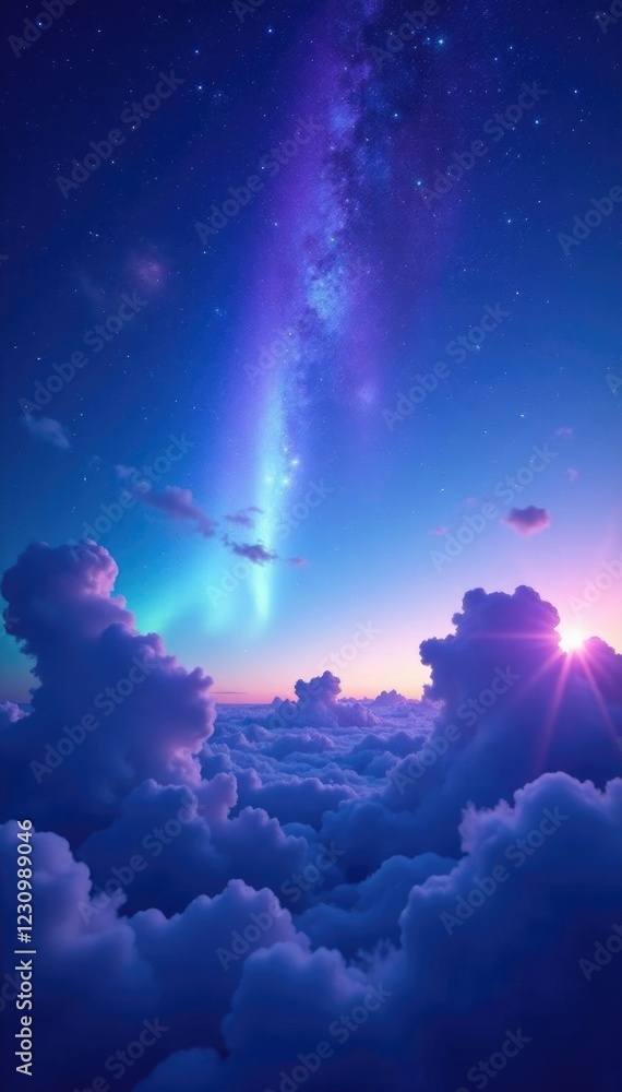 Shimmering blue purple and white gradient aurora borealis, stars, cosmic rays, clouds Shimmering blue purple and white gradient aurora borealis, stars, cosmic rays, clouds
