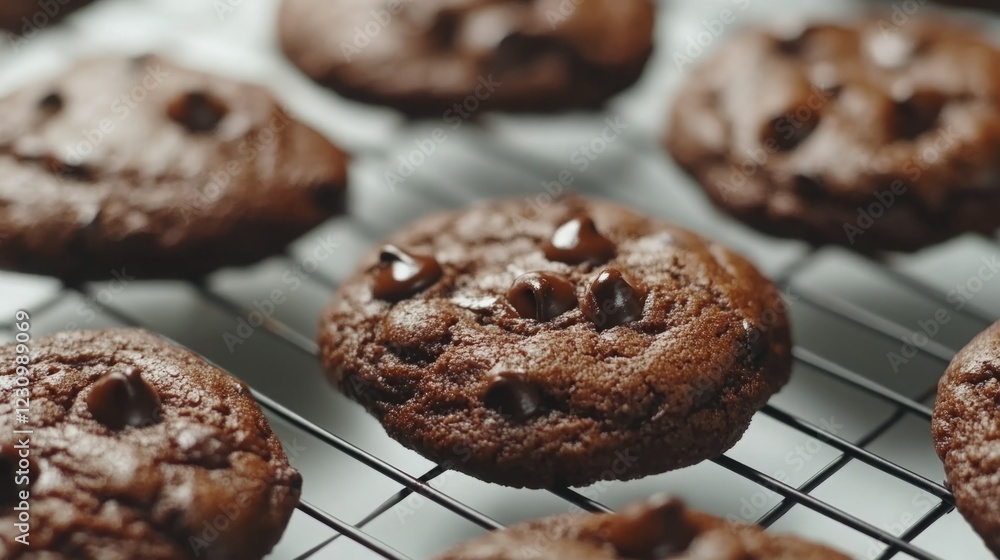 Close-up of freshly baked double chocolate cookies cooling on a wire rack. Warm, delicious, and perfect! Close-up of freshly baked double chocolate cookies cooling on a wire rack. Warm, delicious, and perfect!