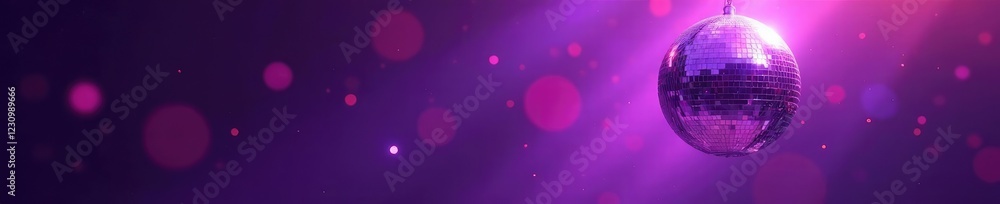 Obraz premium Sparkling purple disco ball suspended in mid air, light rays, shine, disco ball