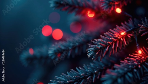 Wallpaper Mural Sparkling red Christmas lights dance on a blue pine tree branch, twinkle lights, pine tree Torontodigital.ca