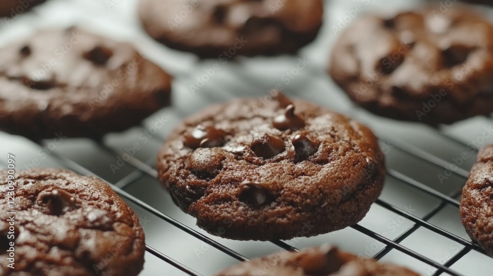 Close-up of freshly baked chocolate chip cookies cooling on a wire rack. Delicious and decadent! Close-up of freshly baked chocolate chip cookies cooling on a wire rack. Delicious and decadent!