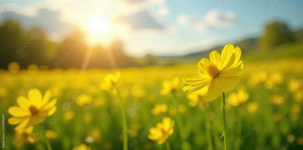 Fototapeta premium Sunlit field of bright yellow wildflowers swaying gently in spring breeze, nature landscape, wildflowers, spring season