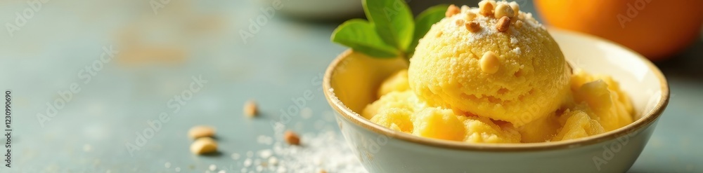 A bowl of yuzu ice cream with crushed nuts and sprinkles of powdered sugar mixed in, dessert, citrus A bowl of yuzu ice cream with crushed nuts and sprinkles of powdered sugar mixed in, dessert, citrus