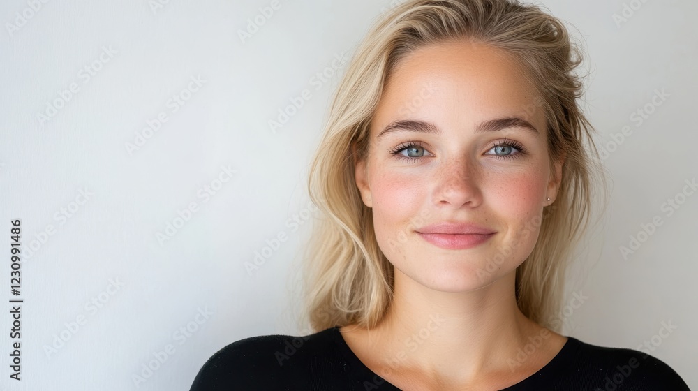 Blond woman exuding joy with captivating lips in serene white setting Blond woman exuding joy with captivating lips in serene white setting