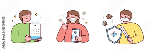 Fine dust. People holding air purifiers, masks, and shields on a day with a lot of dust. simple outline illustration.