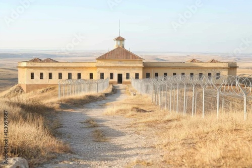 Isolation facility in jail. Abandoned building on a hillside with a dirt path and fencing. photo