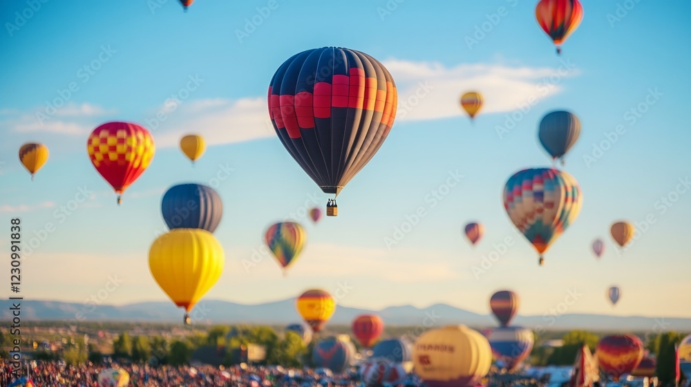 Fototapeta premium Colorful hot air balloons fill a sunny sky above a crowd of spectators.