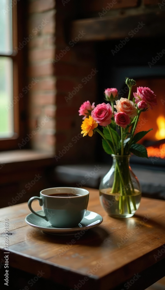 Coffee cups and a vase with fresh flowers sit on a rustic wooden table beside a crackling fireplace, table, flame, cup Coffee cups and a vase with fresh flowers sit on a rustic wooden table beside a crackling fireplace, table, flame, cup