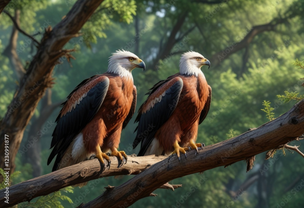 Perched on a branch in the forest with an African fish eagle's feathers ruffled, tree, African fish eagle Perched on a branch in the forest with an African fish eagle's feathers ruffled, tree, African fish eagle