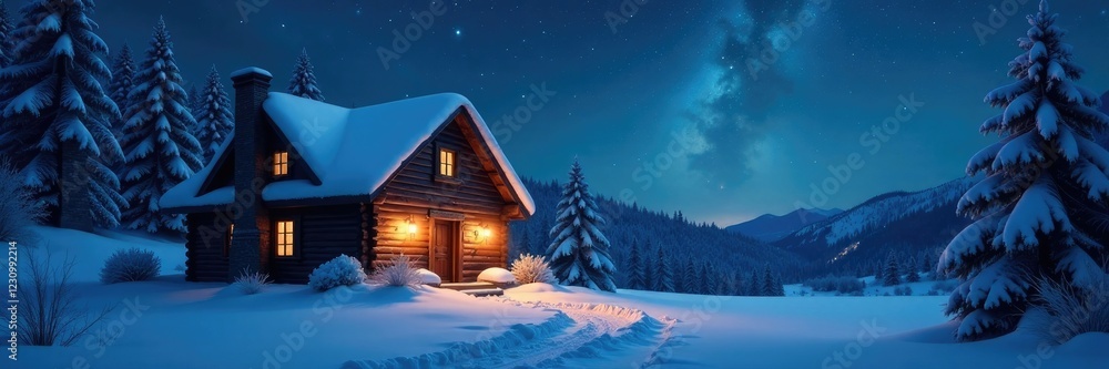 Fototapeta premium Cozy snow-covered cottage under starry night sky with twinkling Christmas lights, serene, snowy