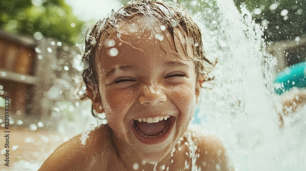Obraz premium Joyful child running through sprinkler, enjoying summer splashes in backyard