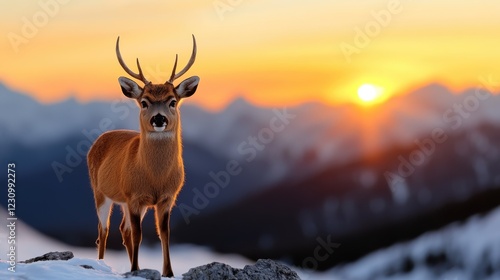 Wallpaper Mural Majestic buck stands tall against a stunning mountain sunset backdrop Torontodigital.ca