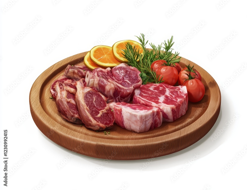 Raw meat cuts, orange slices, tomatoes, and rosemary on a wooden board. Raw meat cuts, orange slices, tomatoes, and rosemary on a wooden board.