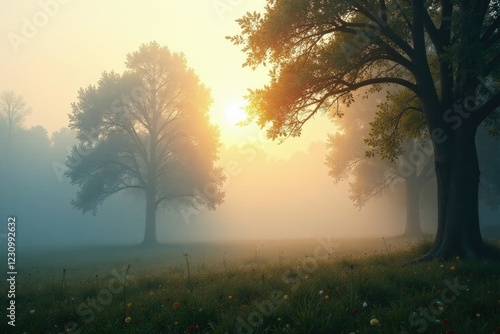 Foggy branches sway gently in the morning breeze, morning, gentle, foliage photo