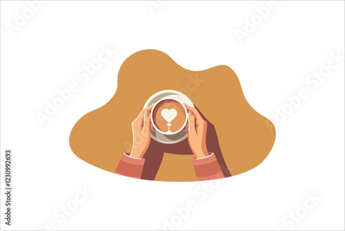 Illustration of female hands holding a cup of coffee with foam. Top view of a table in a cafe. Warm time in autumn. Hot coffee with a heart. Vector illustration.