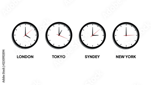 Time zone with clocks. Time difference in different parts of the world. Time in London, Tokyo, Sydney,  and New York. Flat design vector illustration