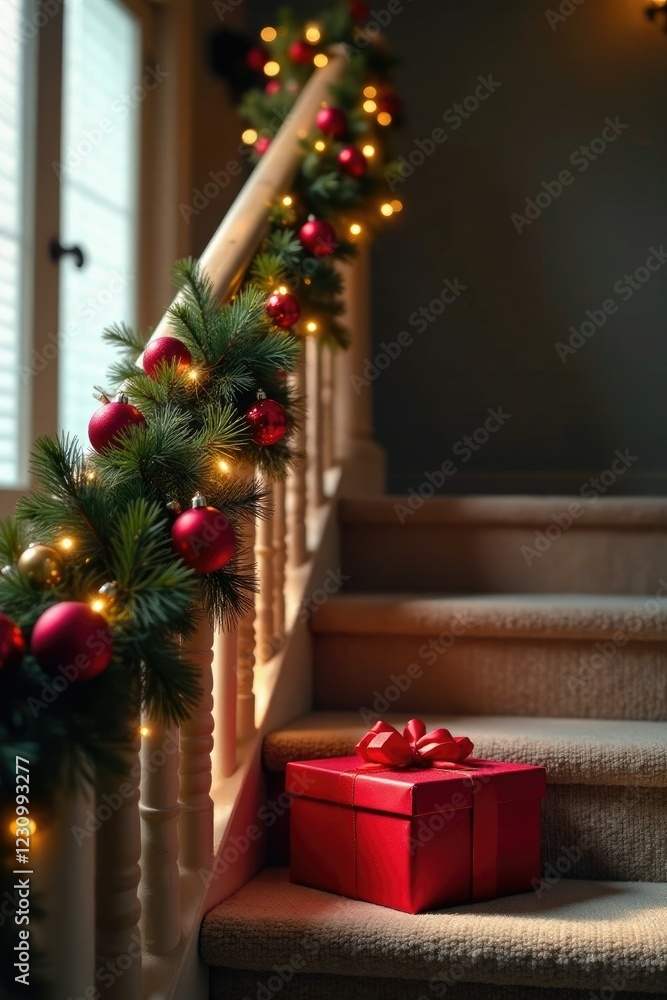 Red ball garland on a banister with a gift box at the end, christmas, , gift box Red ball garland on a banister with a gift box at the end, christmas, , gift box