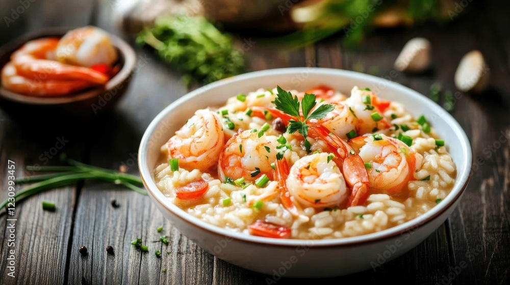 A rich and creamy seafood risotto with shrimp, scallops, and a sprinkle of fresh herbs A rich and creamy seafood risotto with shrimp, scallops, and a sprinkle of fresh herbs