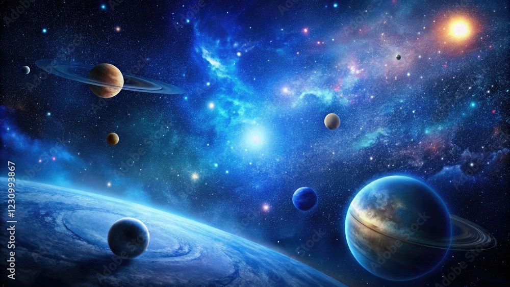 Dark blue galaxy background with stars and a few planets in the distance, nebulae, cosmos, astronomy, stargazing Dark blue galaxy background with stars and a few planets in the distance, nebulae, cosmos, astronomy, stargazing