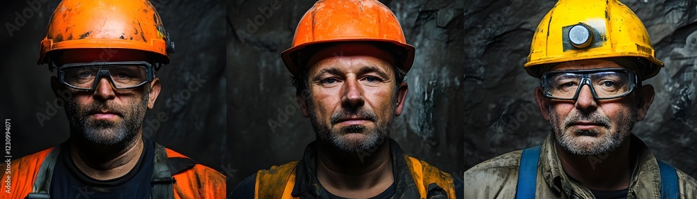 A powerful image showcasing a trio of miners wearing protective gear, ready to tackle the challenges of underground work while emphasizing teamwork and determination in harsh envir A powerful image showcasing a trio of miners wearing protective gear, ready to tackle the challenges of underground work while emphasizing teamwork and determination in harsh envir
