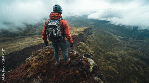 Standing boldly at the cliff’s edge, captivated by the mountain expanse