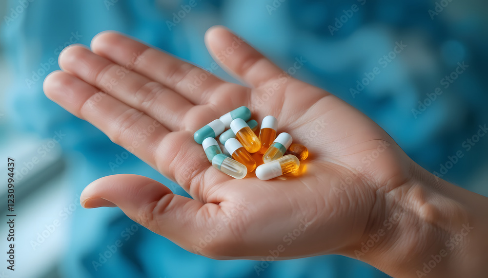 Hand holding pills isolated on white background. Orange and white pills for health. Various drugs Medicine. Hand holding pills isolated on white background. Orange and white pills for health. Various drugs Medicine.