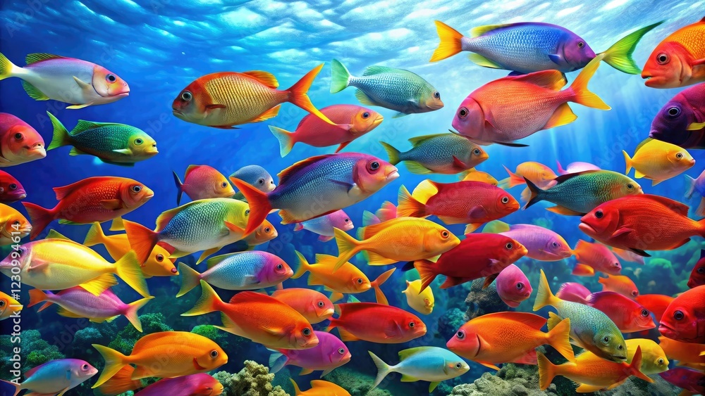 School of brightly colored fish swimming in unison underwater, aquatic ecosystem, sea life, sea animals, aquatic habitat, coral reef School of brightly colored fish swimming in unison underwater, aquatic ecosystem, sea life, sea animals, aquatic habitat, coral reef