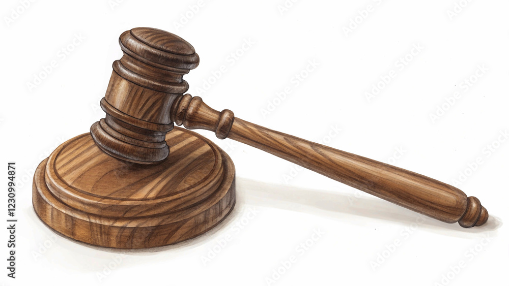 Wooden judge gavel isolated on white background, symbolizing justice and legal authority in design.