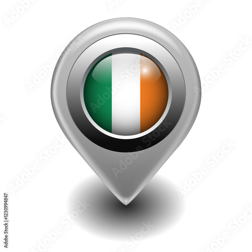 Free Download Vector Map Pin Location Icon with Irish Ireland Flag on 3D Metallic Map Marker - GFXLoad
