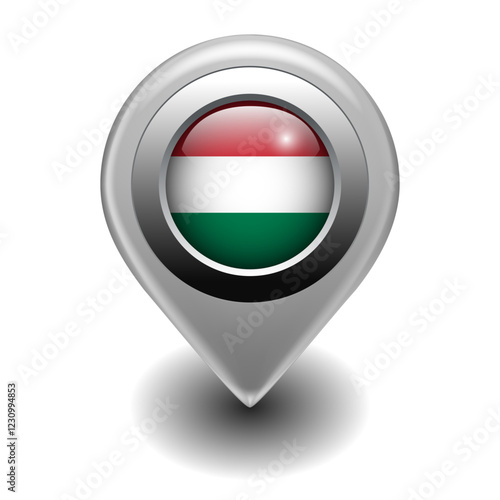 Free Download Vector Map Pin Location Icon with Hungarian Flag on 3D Metallic Map Marker - GFXLoad