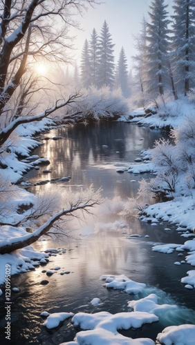Serene Alaskan River flowing over snow-covered tree with frosty mornings, scenery, nature