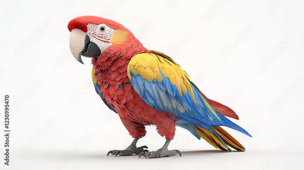 Obraz premium A vibrant scarlet macaw parrot, detailed 3D render on white background.