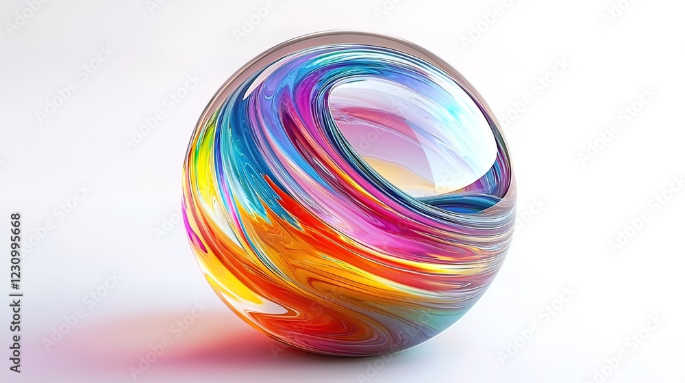 Abstract colorful glass sphere with swirling paint-like design on white background. Abstract colorful glass sphere with swirling paint-like design on white background.