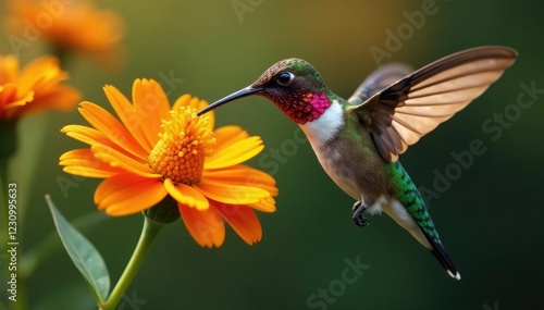 Shimmering throat hummingbird sipping nectar from orange flowers, Pollen, Autumn Colors, Nectar