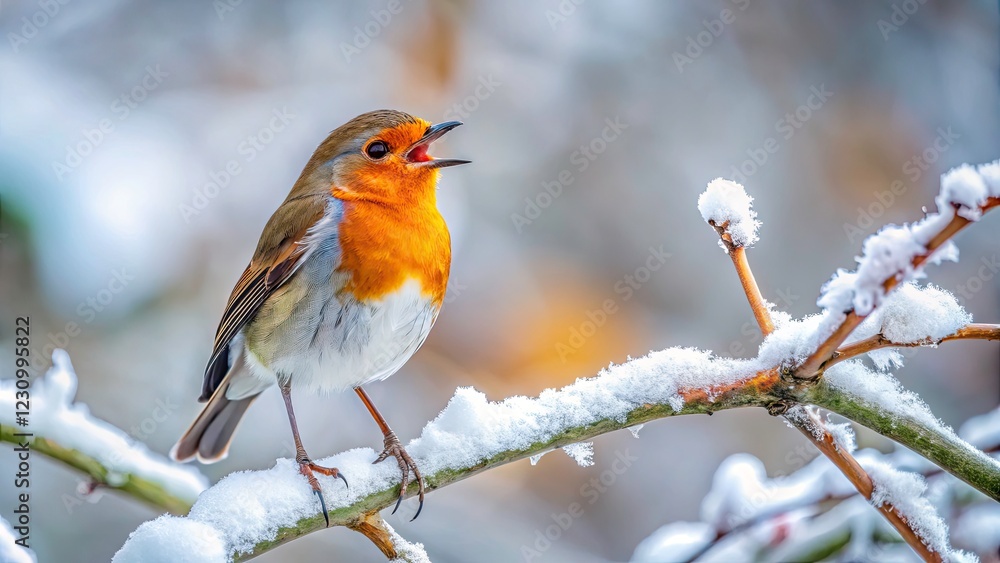 Fototapeta premium Minimalist Winter Robin, Bird Singing, Tree Branch, Snowy Day, Nature Photography