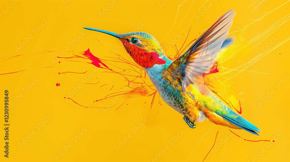 Fototapeta premium Vibrant hummingbird in mid-air flight against a bright yellow backdrop, showcasing its colorful plumage and blurred wings