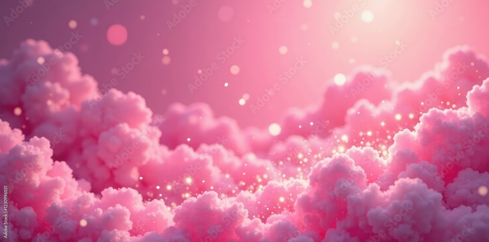 Fototapeta premium Sparkling fairy lights against a pink background with fluffy clouds, cloud, peaceful, bokeh