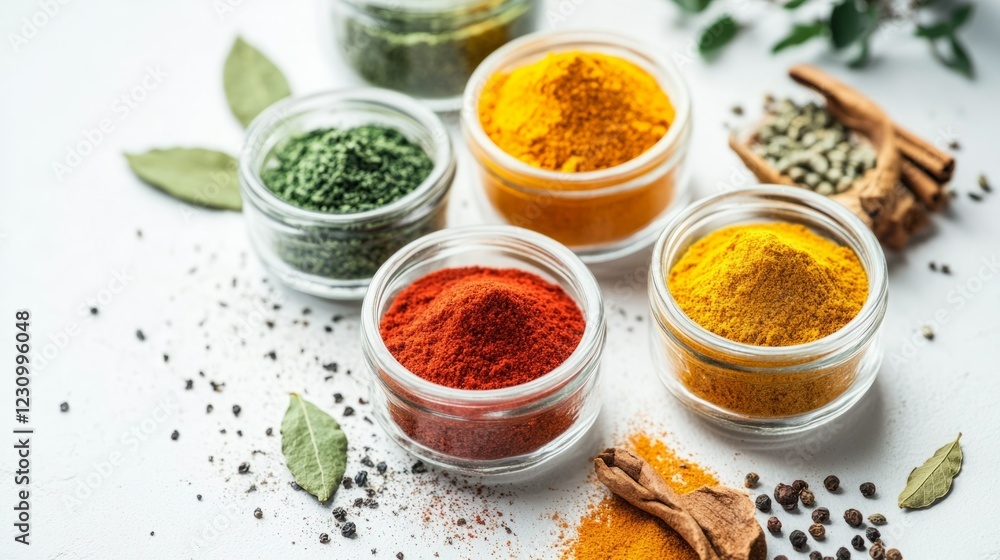 Vibrant spices in glass bowls. A colorful still life of culinary ingredients. Vibrant spices in glass bowls. A colorful still life of culinary ingredients.