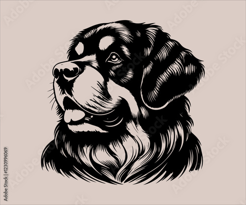 Bernese Mountain Dog head vector illustration in black and white colors.