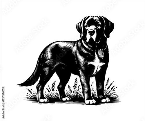 Labrador Retriever dog black and white vector illustration isolated on white background